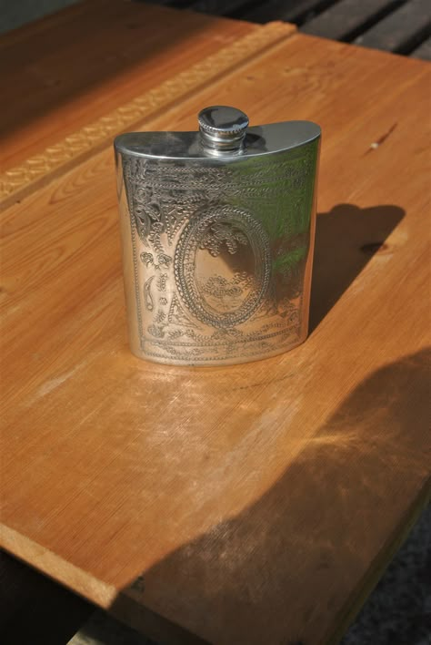 Vintage Pewter Hip Flask. Lovely Ornately Patterned Pinder Bros. Silver Metal Flask. by GoldenGully on Etsy Hip Flask Aesthetic, Cute Flask, Dallas Core, Flask Aesthetic, Vegas Cowboy, Antique Flask, Mondays Child, Vintage Flask, Pocket Flask