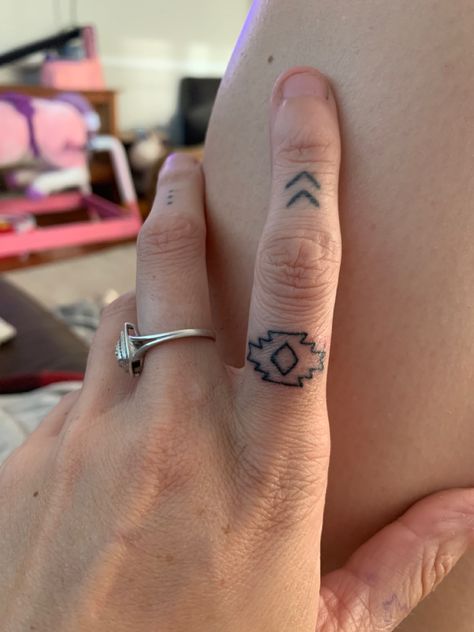 Aztec finger ring tattoo Thunderbird Finger Tattoo, Aztec Hand Tattoos For Women, Small Western Finger Tattoos, Native Finger Tattoo, Hand Tattoos For Women Country, Western Full Sleeve Tattoo, Woman’s Finger Tattoos, Country Finger Tattoos, Wrangler Patch Tattoo