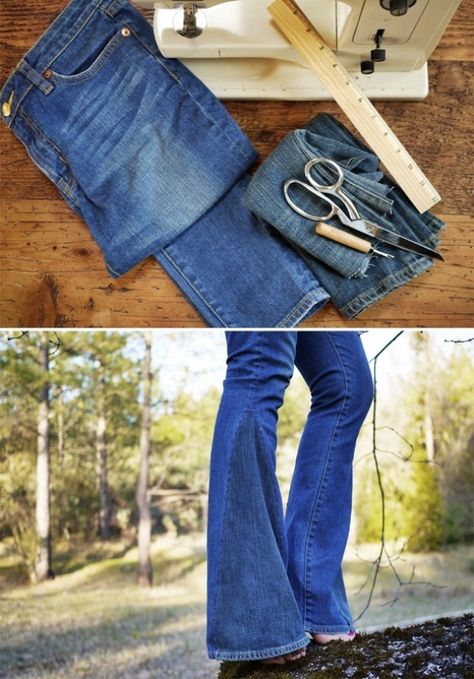 DIY: Bell Bottoms Diy Bell Bottom Jeans, Diy Flare Jeans, Diy Bell Bottoms, Denim Scraps, Estilo Hippie, Hippie Costume, Kleidung Diy, Denim Crafts, Denim Diy