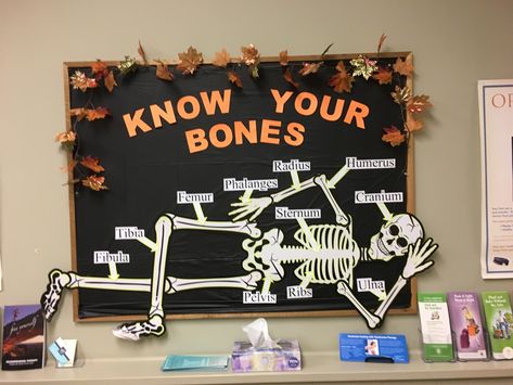 Halloween bulletin board for doctor’s office:) Doctors Day Notice Board Decoration, Halloween Bulletin Boards For Hospital, Halloween Science Bulletin Boards, Halloween Office Bulletin Board Ideas, Halloween Pe Bulletin Boards, Nurse Office School, Fall Bulletin Boards For Nurses Office, Halloween School Nurse Bulletin Boards, Halloween Clinic Decorations