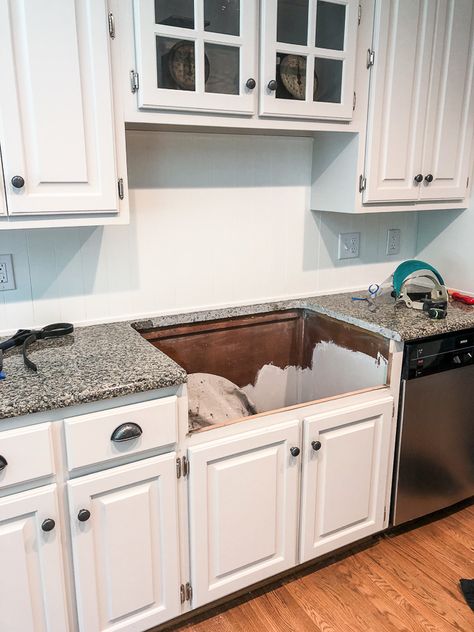 How to Add an Apron Front Sink to Existing Granite Counters | Noting Grace Farm Sink Installation, Install Farmhouse Sink Diy, Retrofit Farmhouse Sink, Over The Counter Sink, Installing A Farmhouse Sink, Kitchen Sink Upgrade, Drop In Farmhouse Sink, Sink Upgrade, Replacing Kitchen Sink