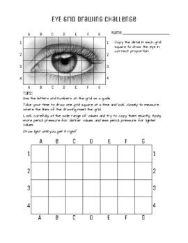 Grid Drawing practice worksheet for practicing portraiture and value drawing. Even if you don't intend to do a portrait or value unit, middle and high school students love learning how to draw eyes in detail, so this is a handy worksheet to have for early finishers, substitute plans, or technique days. Middle School Art Early Finishers, Echo Drawing Worksheet, Advanced Drawing Projects, Grid Drawing Practice, Middle School Art Projects Lessons, Grid Drawing Worksheet, Color Pencil Sketches, High School Art Worksheets, Value Drawing