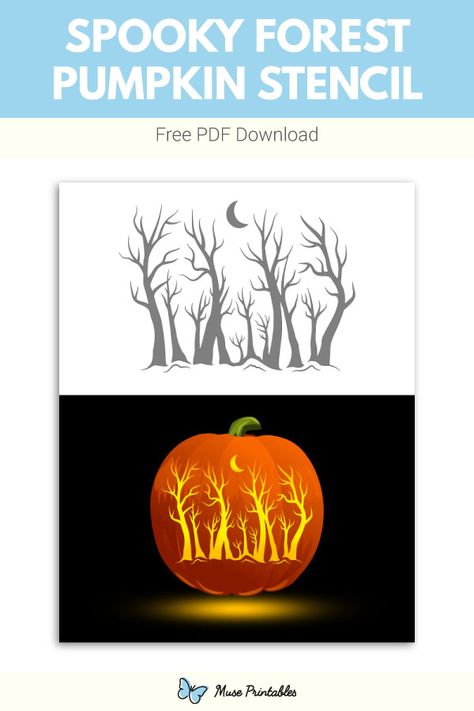 Free printable spooky forest pumpkin stencil. Download it at https://museprintables.com/download/pumpkin-stencil/spooky-forest/ Forest Carved Pumpkin, Unique Pumpkin Carving Stencils, Forest Pumpkin Carving, Pumpkin Etching, Printable Pumpkin Carving Stencils, Pumpkin Templates, Printable Pumpkin Stencils, Pumpkin Stencils Free, Halloween Pumpkin Stencils