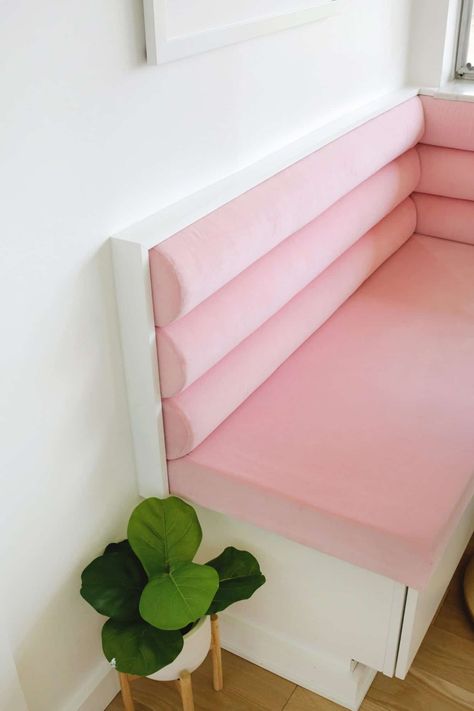 Pink Channel Tufted Banquette DIY - A Beautiful Mess Channel Tufted Banquette, Banquette Diy, Diy Banquette Seating, Pink Channel, Tufted Banquette, Diy Banquette, Seating In Kitchen, Window Seat Ideas, Corner Banquette