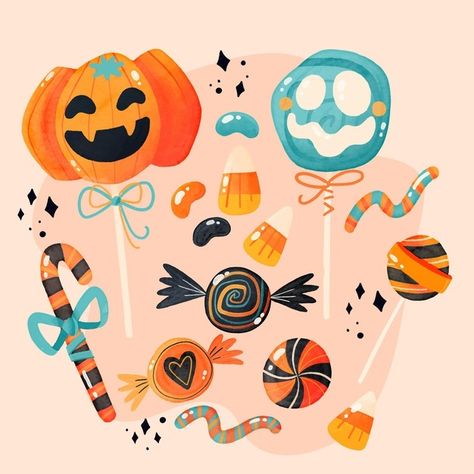 Cute Halloween Graphics, Halloween Art Ideas, Kawaii Halloween Stickers, Sweets Illustration, Halloween Procreate, Haunted House Drawing, Art Ideas Easy, Candy Drawing, Halloween Typography