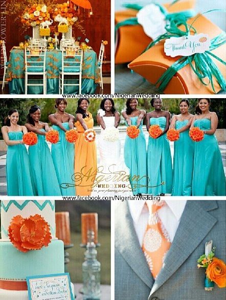 Love this. I think I'd trade the orange in for a yellow and it would look pretty! Orange And Teal Wedding, Orange And Blue Wedding, Teal Wedding Colors, Orange Wedding Colors, Turquoise Bridesmaid, Turquoise Bridesmaid Dresses, Wedding Color Scheme, Wedding Color Combinations, Orange Bridesmaid