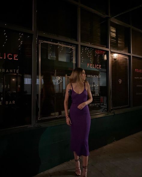 Fancy Steakhouse Dinner Outfit, Purple Sleeveless Bodycon Dress For Date Night, Summer Night Out Purple Dress, Elegant Purple Strapless Dress For Date Night, Strapless Purple Midi Dress For Date Night, Chic Purple Strapless Dress For Night Out, Friday Night Dinner Outfit, Purple Dress Midi, Steakhouse Outfit Dinners