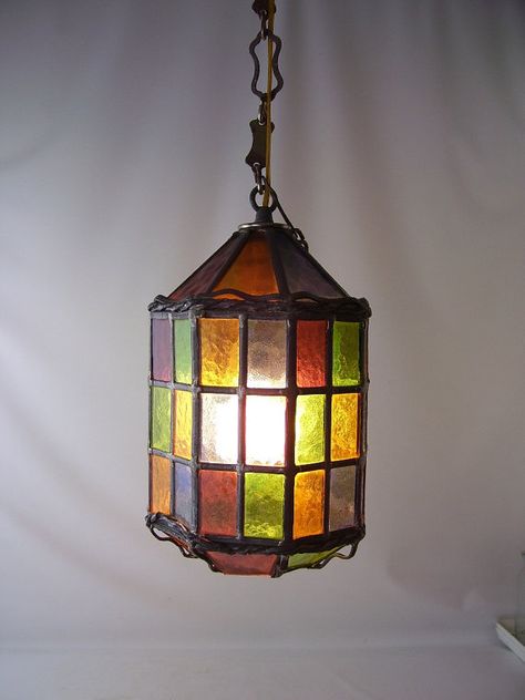 Glass · vintage stained ...etsy Retro Hanging Lamp, Stained Glass Outdoor Light, Front Porch Lighting Fixtures, Stained Glass Pendant Light, Lead Light, Glass Light Fixtures, Porch Light Fixtures, Hanging Light Lamp, 1960s Decor