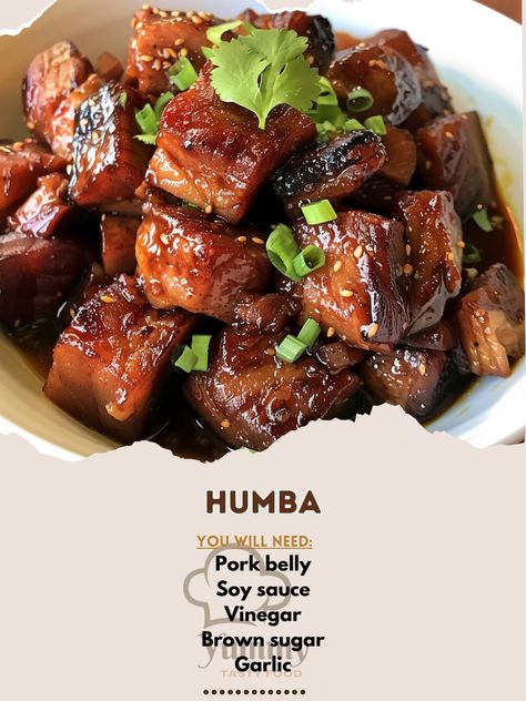 🍖 Dive into the rich flavors of Humba, a Filipino braised pork belly dish! 🌟 #ComfortFood Humba Ingredients: Pork belly (2 lbs) Soy sauce (1/2 cup) Vinegar (1/4 cup) Brown sugar (1/3 cup) Garlic, minced (1 tbsp) Bay leaves (3) Peppercorns (1 tsp) Salted black beans (1/4 cup) Water (2 cups) Instructions: Marinate pork belly in soy sauce, vinegar, and garlic for at least 1 hour. In a pot, place the pork and marinade, add water, brown sugar, bay leaves, peppercorns, and black beans. Bring to... Pork With Black Bean Sauce, Humba Recipe Pork, Asian Pork Belly Recipes, Humba Recipe, Asian Pork Belly, Pork Adobo, Asian Pork, Braised Pork Belly, Pork Belly Recipes