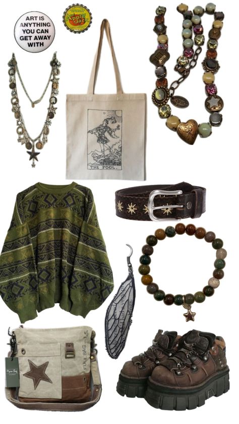 Earthtones Outfits Aesthetic, Solar Punk Outfit, Solar Punk Aesthetic Fashion, Nature Themed Outfits, Earthy Color Outfits, Dark Bohemian Fashion, Fairy Grunge Fashion, Solar Punk Fashion, Dark Hippie Outfits