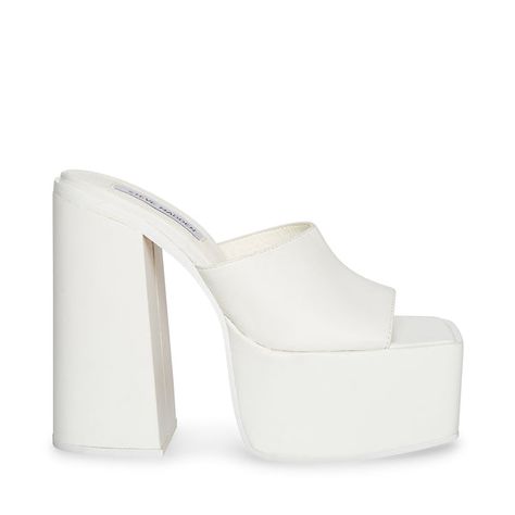 TRIXIE White Sandals | Women's White Designer Sandals – Steve Madden Mom Dr, Dramatic Entrance, Dr Shoes, Steve Madden Store, Platform Mules, Platform Block Heels, Chunky Block Heels, White Heels, White Sandals