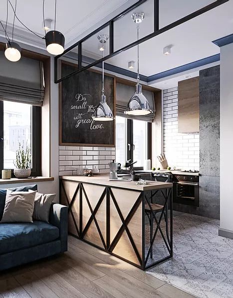 Charming Industrial 290-Square-Foot Studio Apartment | Decoholic Industrial Home Design, Industrial Kitchen Design, Industrial Style Kitchen, Deco Studio, Industrial Interior Design, Loft Interiors, Brick Walls, Loft Design, Kitchen Room Design