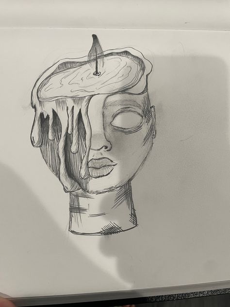 Candle Face Drawing, Candle Head Drawing, Melting Head Drawing, Head Open Drawing, Melting Person Drawing, Melting Candle Sketch, Candle Person Drawing, Melting Person Art, Open Head Drawing