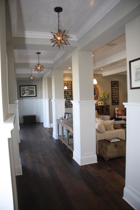 Wrapped Columns, Wood Floors Living Room, Dark Wood Floors Living Room, Column Detail, Barnwood Floors, Wainscoting Wall, Column Wraps, Ceiling Paint, Living Room Wood Floor