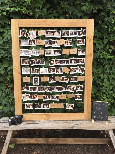 Polaroid frame at my wedding! Guests were to replace their name card with a Polaroid that had them in it Polaroid Wedding Table Names, Picture Name Cards Wedding, Diy Wedding Picture Frames, Poloroid Pictures Ideas Party, Wedding Day Polaroid, Wedding Polaroid Frame, Polaroid Frame Wedding, Polaroid Cork Board, Homemade Wedding Signs