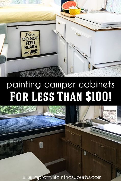 Painting Camper Cabinets makes such an impact in a camper makeover!  It's the most simple and inexpensive way to give a camper new life.  Here are some tips and things we learned when painting the cabinets in our pop-up camper. Painting Pop Up Camper Cabinets, Painting Camper Cabinets, Painting Camper, Camper Cupboards, Popup Remodel, Pop Up Camper Accessories, Camper Cabinets, Trailer Hacks, Tent Trailers