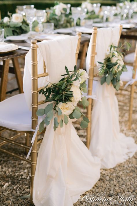 Bride And Groom Chair Decor, Green Wedding Inspiration, Florence Wedding, Tuscan Landscaping, Church Decorations, Sage Green Wedding, Ceremony Arch, Tuscany Wedding, Chair Decorations