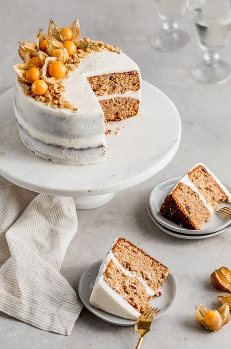 This modern take on the traditional Fruitcake is made with macerated fruits and nuts, and layered with a browned butter frosting. #cake #fruitcake #dessert Fruit Cake Decoration, Holiday Fruit Cake, Fruit Cake Design, International Desserts, Fruitcake Recipes, Browned Butter, Butter Frosting, Cake Photography, Hispanic Food