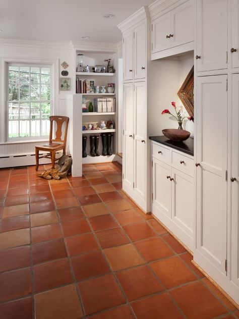 saltillo-kitchen Red Tile Floor, White Kitchen Floor, Spanish Floor Tile, White Tile Kitchen Floor, Saltillo Tile Floor, Trendy Kitchen Tile, Floor Remodel, Kitchen Floor Tile, Tile Flooring