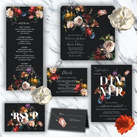 Rembrandt Floral Dark & Moody Wedding Tri-Fold Inv  Zazzle Moody Floral Wedding, Dark Wedding Invitations, Dark Moody Wedding, Moody Wedding Invitations, Wedding Wine Labels, Wedding Response Cards, Floral Save The Dates, Wedding Anniversary Invitations, Dark Wedding