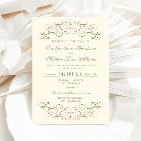 Vintage Ivory and Antique Gold Flourish Wedding Invitation Vintage Inspired Wedding Invitations, Bold Wedding Invitations, Popular Wedding Invitations, Vintage Chic Wedding, Budget Wedding Invitations, Foil Wedding Invitations, Vintage Invitations, Fall Wedding Invitations, Vintage Style Wedding