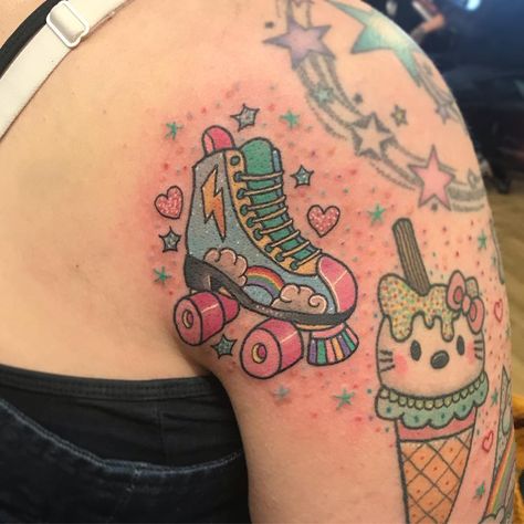 Roller Tattoo, Roller Skates Tattoo, Rollerskate Tattoo, Roller Skate Tattoo, Roller Derby Tattoo, Skate Tattoo, Barbie Tattoo, Ace Tattoo, 90s Tattoos