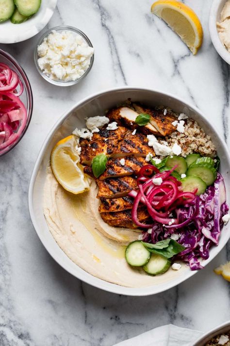 Sunday Dinner Healthy, Shawarma Hummus, Grilled Chicken Shawarma, Hummus Bowls, Shawarma Chicken, Hummus Bowl, Red Cabbage Slaw, Healthy Bowls, Chicken Shawarma