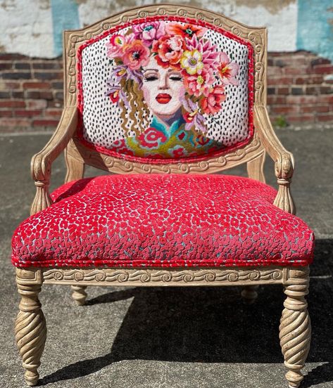 Chair Design - Red Chair Lady (18m) — Stitching Fox Antique Chairs Makeover, Funky Armchairs, Bead Clothes, Unique Furniture Painting, Armchair Inspiration, Reupholstered Chairs, Upholstered Chairs Diy, Antique Furniture Makeover, Chair Reupholstery