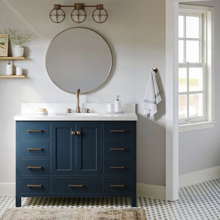 Updated Bathroom, Blue Bathroom Vanity, Blue Vanity, Quartz Vanity Tops, Countertop Options, Luxurious Spa, Shaker Style Doors, Contemporary Bathroom Vanity, Bathroom Vanity Base