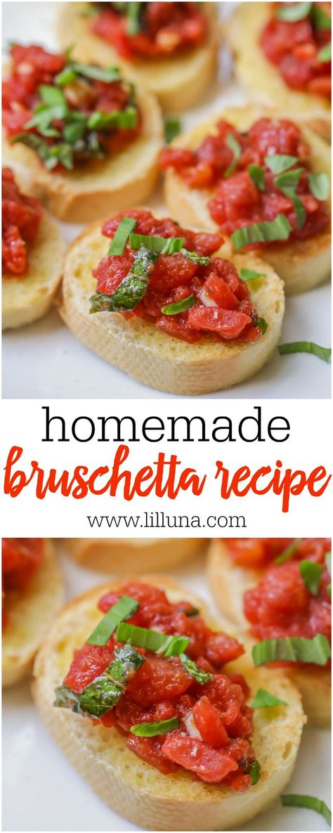 Delicious Homemade Bruschetta recipe that is simple, quick and perfect to serve at parties and holidays Summer Apps, Horderves Appetizers, Easy Bruschetta Recipe, Homemade Bruschetta, Easy Bruschetta, Healthy Bedtime Snacks, Bruschetta Recipe, Christmas Apps, Holiday Goodies