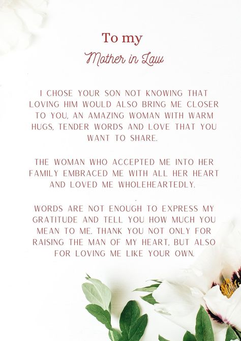 PDF printable download  Lovely thank you note to your MIL showing appreciation for your husband.  Print a standard size and use with a frame for a thoughtful gift.  This can be printed at home or download and use through shutterfly/ printing company to make into a canvas, card, postcard, etc.   Pair with a simple yet thoughtful gift and you have the perfect gift to give on Mother's Day or Internation Women's day (March 8th).  Please note this is a digital download and you won't be receiving a ph Note To Mother In Law, To My Bride On Our Wedding Day, Note To Mother In Law On Wedding Day, Thank You Mother In Law, To My Mother In Law On My Wedding Day, Letter For Husband On Wedding Day, Simple Vows To Husband, Letter To Mother In Law On Wedding Day, Gift For Husband On Wedding Day