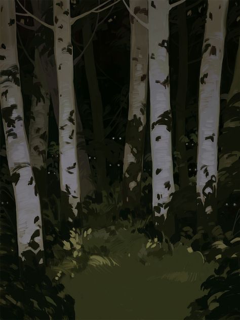 Dark Landscape Illustration, Dark Woods Drawing, Dark Cottagecore Drawing, Creepy Woods Art, Woods Background Drawing, Grass At Night Painting, Foggy Forest Drawing, Dark Woods Painting, Spooky Woods Aesthetic