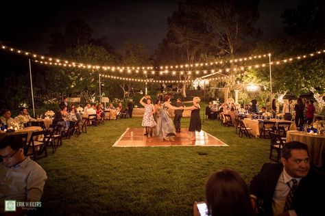 Wedding In Garage, Garden Small Wedding, Night Time Garden Wedding, Backyard 60th Birthday Party Ideas, Gym Wedding Reception Decoration, Outdoor Southern Wedding, Bulb Lights Wedding, Backyard Wedding Budget, Field Reception