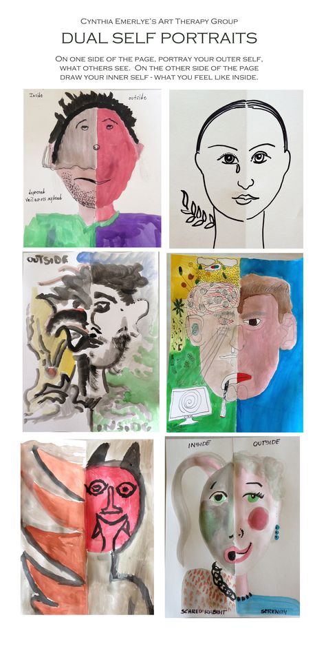 Dual Self Portraits in Art Therapy Adolescent Therapy, Group Therapy Activities, Art Therapy Directives, Therapeutic Recreation, Creative Arts Therapy, Recreation Therapy, Group Counseling, Art Therapy Projects, Therapeutic Art