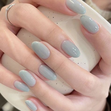 @riu_nail Simple Nail Sets, Blue Nails Pastel, Short Simple Nail, Nails Pastel Blue, Korean Nail Polish, Pastel Blue Nails, Glitter Toe Nails, Jelly Nail Polish, Elegant Touch Nails