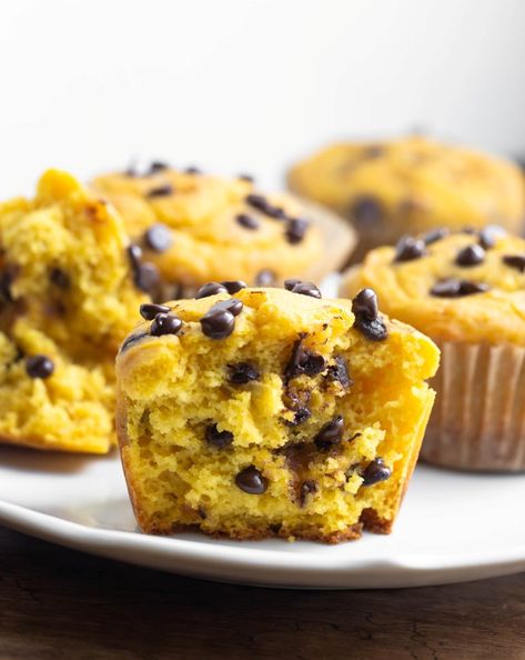 Closeup view of inside fluffy muffin and melted chocolate chips Pumpkin Spice Banana Bread, Fall Muffins, Pumpkin Banana Muffins, Potato Muffins, Sweet Potato Muffins, Homemade Pumpkin Puree, Pumpkin Banana, Almond Flour Recipes, Vegan Sweet Potato