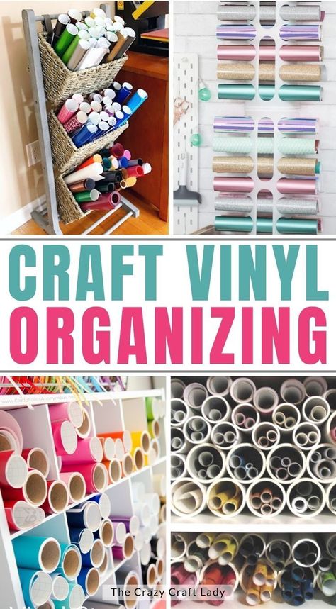 Craft Vinyl Organizing - How to Organize Cricut and Silhouette craft vinyl rolls Storage For Vinyl Rolls Diy, How To Organize Vinyl Rolls, Organizing Vinyl Rolls, Storing Cricut Vinyl Rolls, Storing Vinyl Rolls, Cricut Organizer Storage Ideas, Cricut Vinyl Storage Ideas Diy, How To Store Vinyl Rolls, Vinyl Holder Ideas