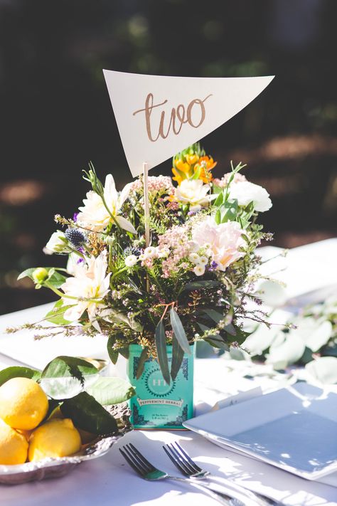 Paper Flag Table Number..I LOVE the use of hte vintage tin for this! Natural Wedding Centerpieces, Outdoor Wedding Altars, Whimsical Garden Wedding, Herb Wedding, Flag Table, Art Deco Wedding Theme, Darlington House, La Jolla California, Elegant Wedding Favors