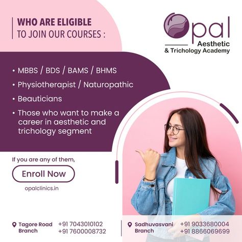 Are you willing to become a cosmetologist? Opal Clinic offers you Professional Cosmetology and Trichology courses. Avail this golden chance to step into Cosmetology. Check out the eligibility to kick-start your career. Contact us for more information, Opal Clinic Rajkot, Gujarat 7043010102 | 9033680004 #academy #aestheticacademy #trichology #aesthetic #cosmetologystudent #cosmetologyeducation Cosmetology Student, In Aesthetic, Photo Art Gallery, Cosmetology, Hair Hacks, Photo Art, Career, Art Gallery, Opal