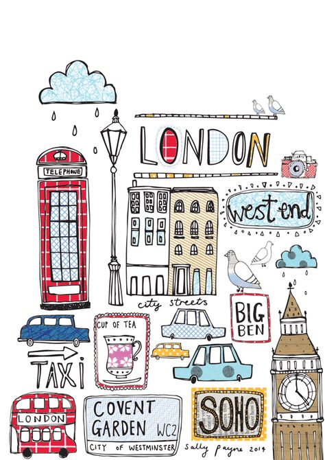 LONDON Sally Payne, London Illustration, Big Ben Clock, Sketch Note, Journal Idea, Identity Inspiration, Branding Identity, Travel Illustration, London Love