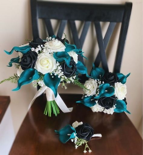 Wedding Colors Teal And Gray, Teal And Black Wedding Flowers, Black White Teal Wedding Theme, Teal Wedding Bouquet Ideas, Teal Bridal Bouquet, Teal And Black Wedding Ideas, Navy Blue And Teal Wedding, Teal Black And Silver Wedding, Black And Teal Wedding Theme