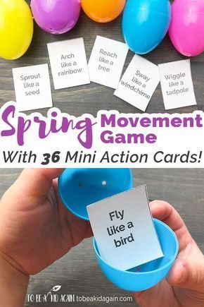 Spring Movement Game Using Plastic Eggs + Free Printable Action Cards - Spring Gross Motor- Easter Brain Breaks - Action Game - Bugs, Birds, Spring Vocabulary, and Baby Animals - To be a Kid Again Spring Movement Game, Easter Movement Cards, Creative Curriculum Small Group Ideas, Easter Pe Games, Easter Gross Motor Activities, Easter Gross Motor, Spring Vocabulary, Birds Spring, Easter Preschool