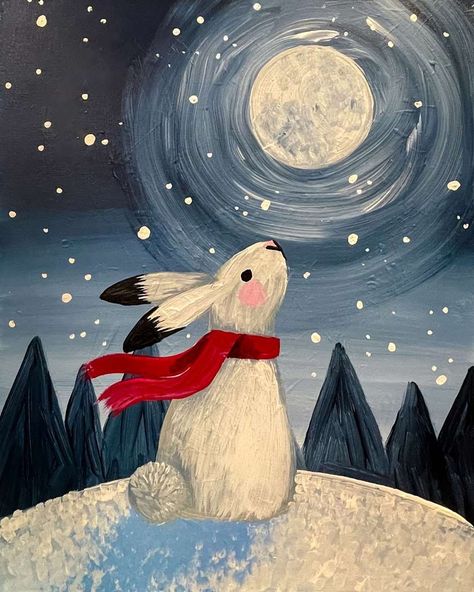 Blissful Bunny - Tue, Dec 26 3PM at Naperville Winter Animal Painting, Christmas Bunny Painting, Turkey Painting Ideas, Whimsical Winter Art, Kids Christmas Painting Canvas, Winter Painting Kids, Winter Painting Easy, Winter Painting For Kids, Cute Winter Art