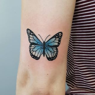 Butterfly Tattoo Placement, Small Blue Butterfly, Als Tattoo, Nc Tattoo, Traditional Butterfly, Blue Butterfly Tattoo, Blue Morpho Butterfly, Morpho Butterfly, American Tattoos