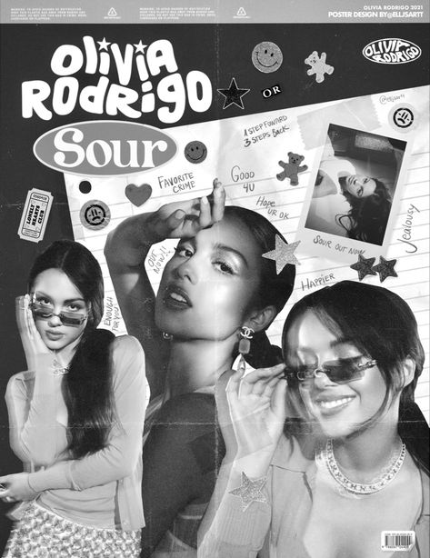 Poster Olivia Rodrigo Sour Sour Album, Olivia Rodrigo, Black And White, Celebrities, Music, Wall, White, Black