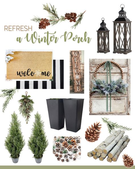 Items to Refresh a Winter Porch #curlycraftymom #winterfrontporch #winterporch #januaryporchrefresh #porchrefresh #januaryporch #porchdecoritems #winterporchdecoritems Front Porch Curb Appeal, Winter Front Porch Decor, Winter Front Porch, Blue Butterfly Tattoo, Winter Porch, Wooden Porch, Outdoor Trees, Large Lanterns, Crafty Mom