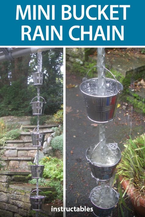 Homemade Rain Chain, Rain Chain Without Gutters, Rainchains Diy, Diy Rain Chain How To Make, Rain Chain Basin Ideas, Rainchain Ideas, Make A Rain Chain, Rain Chain Ideas, Rain Decor