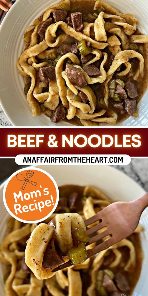 Beef and noodles in a white bowl and on a fork. Beef Tips Over Egg Noodles, Amish Beef Noodles, Down Home Beef And Noodles, Beef Pot Pie Noodles, Shredded Beef Noodles, Beef An Noodles, How To Make Beef And Noodles, Beef And Noodle Recipes Easy, Egg Noddle Recipes Beef