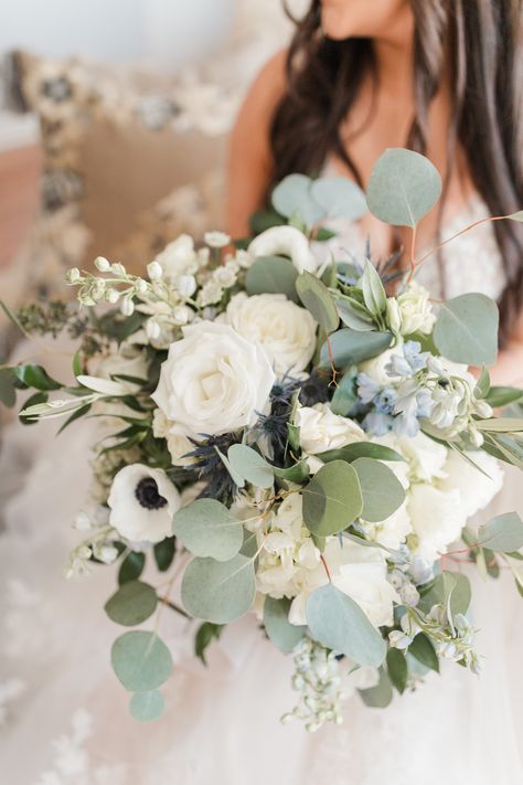 Light Blue And Neutral Wedding, Blue Green Cream Wedding, Light Blue And Sage Green Wedding, Dusty Blue Sage Green White Wedding Flowers, White Bridal Bouquet With Hint Of Blue, Dusty Blue White And Greenery Bouquet, Neutral Color Wedding, Blue White Green Bridal Bouquet, White Green Light Blue Bouquet