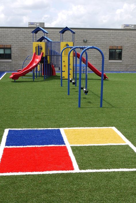 The playground at Blackhawk Christian School is now safer, better looking, and a whole lot more colorful since the installation of Playground Grass Academy. Artificial Grass Playground Ideas, Artificial Grass Playground, Laying Artificial Grass, Inclusive Playground, K 12 School, Library Center, Grass Artificial, Walking Path, Playground Ideas